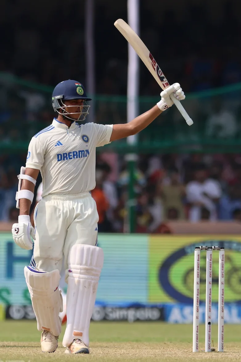 Yashasvi Jaiswal celebrates after scoring half-century